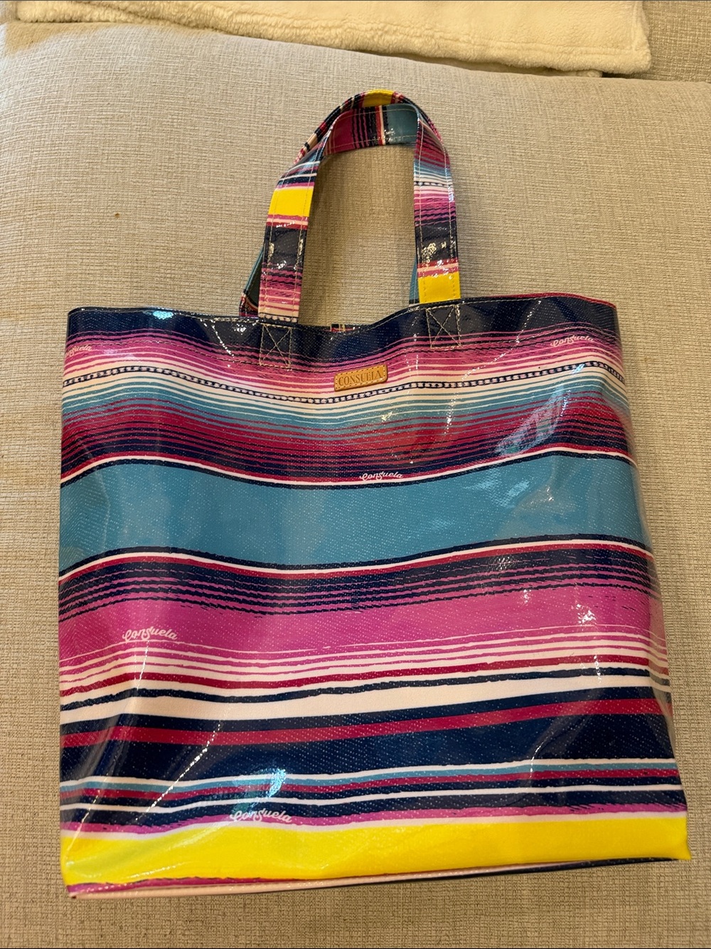 CONSUELA Grab N’ Go Vinyl Thelma Striped Tote in Pink, Blue & Yellow